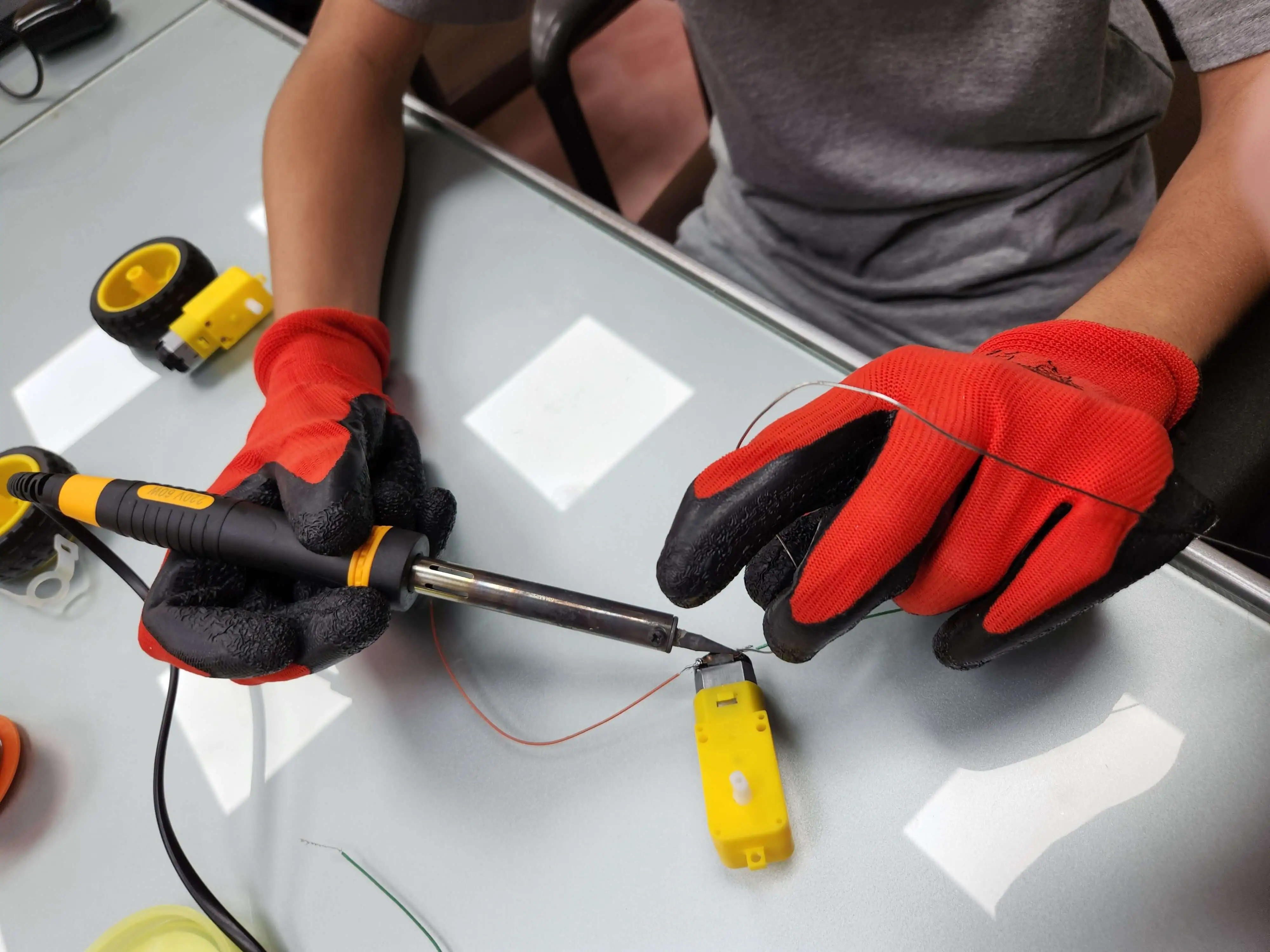 Students building robots